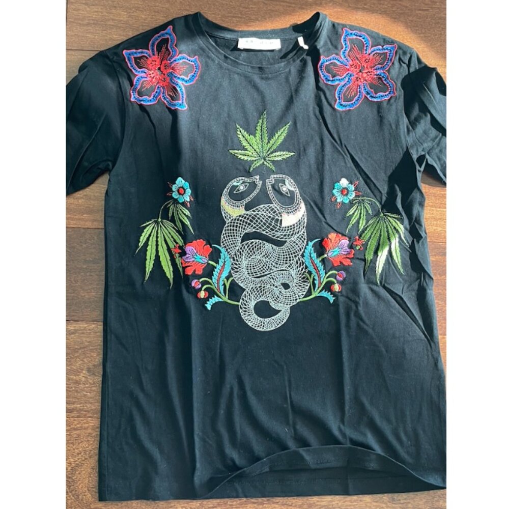 Sandro Paris Black Embroidered Graphic Snake & Floral Tee